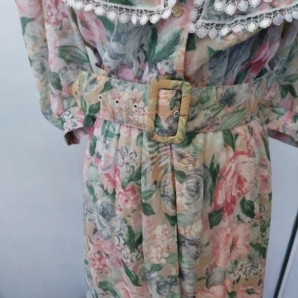 Vintage Kwai Lace Trimmed Exaggerated Collar Floral‎ Full Skirted Dress 60s - Picture 13 of 15